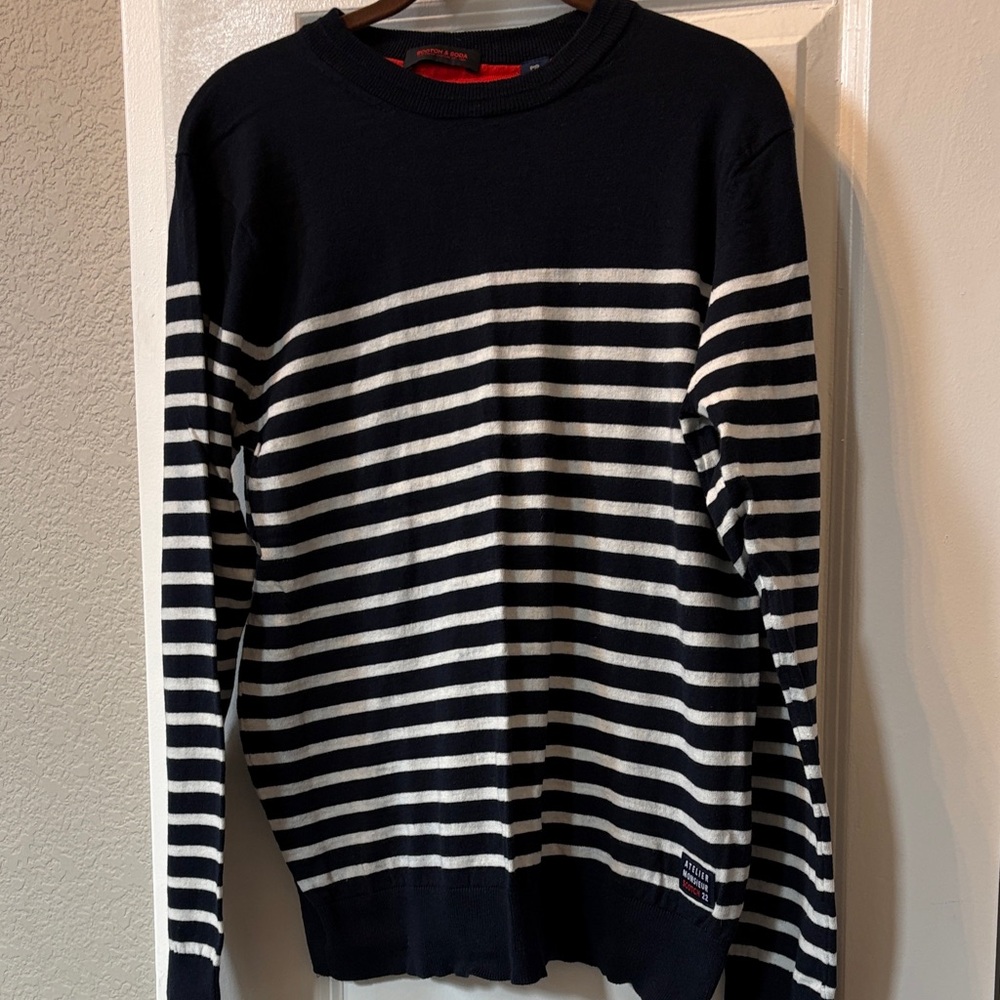 Scotch & Soda Black and White Striped Crewneck Sweater